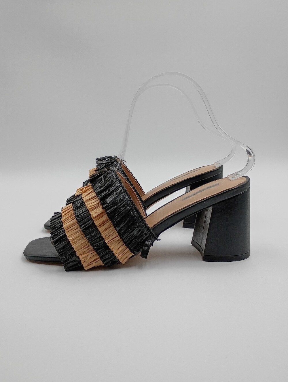 Ann Taylor Striped Fringe Straw High Block Heel Sandals Tan Black Resort 6.5